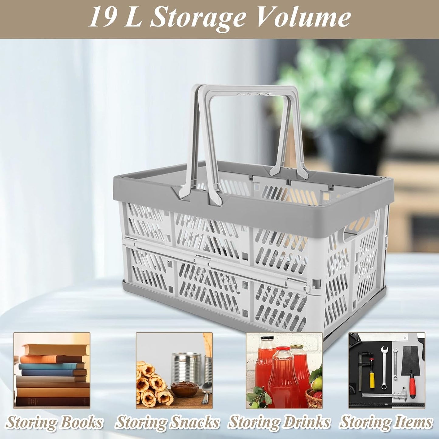 CYEAH 3 Pack Collapsible Shopping Baskets, 20L Foldable Plastic Storage Crates with Handles, Reusable Grocery Baskets for Car Trunk, Pantry, Garage, Kitchen, Picnic and Organizing, Holds 20 lbs Each