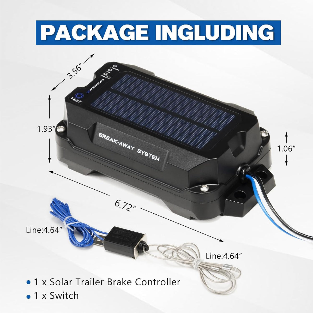 ATEM POWER Trailer Brake Controller Kit with Switch 12V 3AH LifePO4 Lithium Battery Trailer Breakaway Kit Brake Controller Bulit-in Solar Panel LED Indicator Break Away System for Trailer Caravan IP65