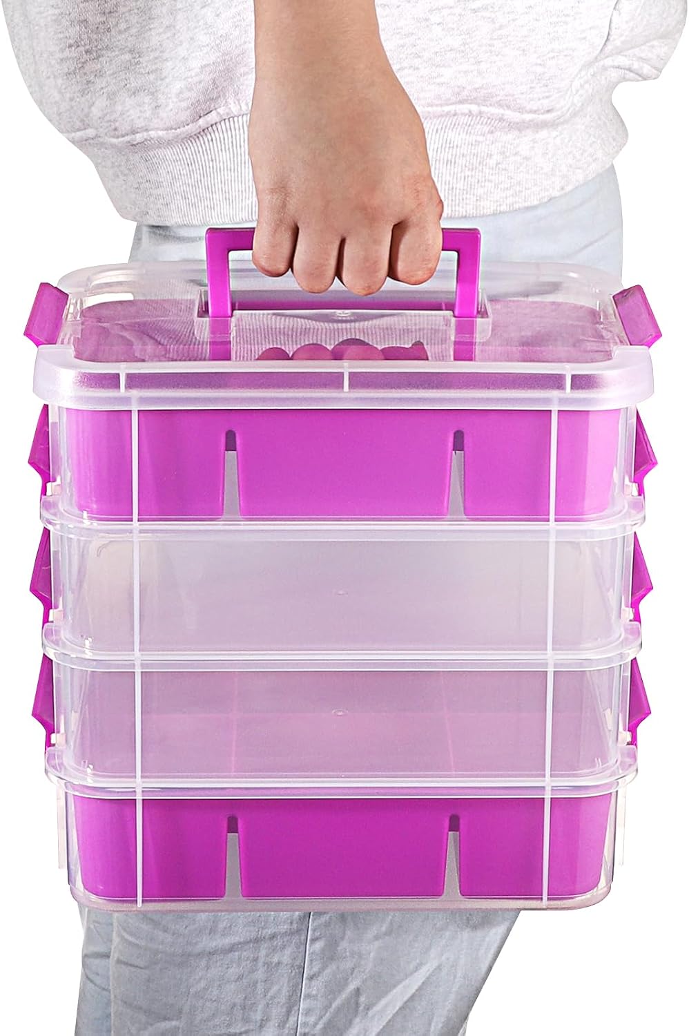 JUXYES 4-Tiers Stack Carry Storage Box Clear Storage Bin Container, Purple | 2 Divided Tray, Transparent Stackable, Handle Lid Latching, School & Office Supplies