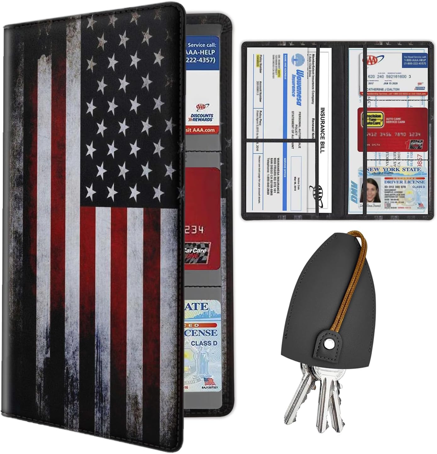 Car Document Holder with Magnetic Shut, PU Leather Car Registration & Insurance Card Holder for Driver License, Cards & Essential Documents, Vehicle Glove Box Organizer, American Flag Pattern