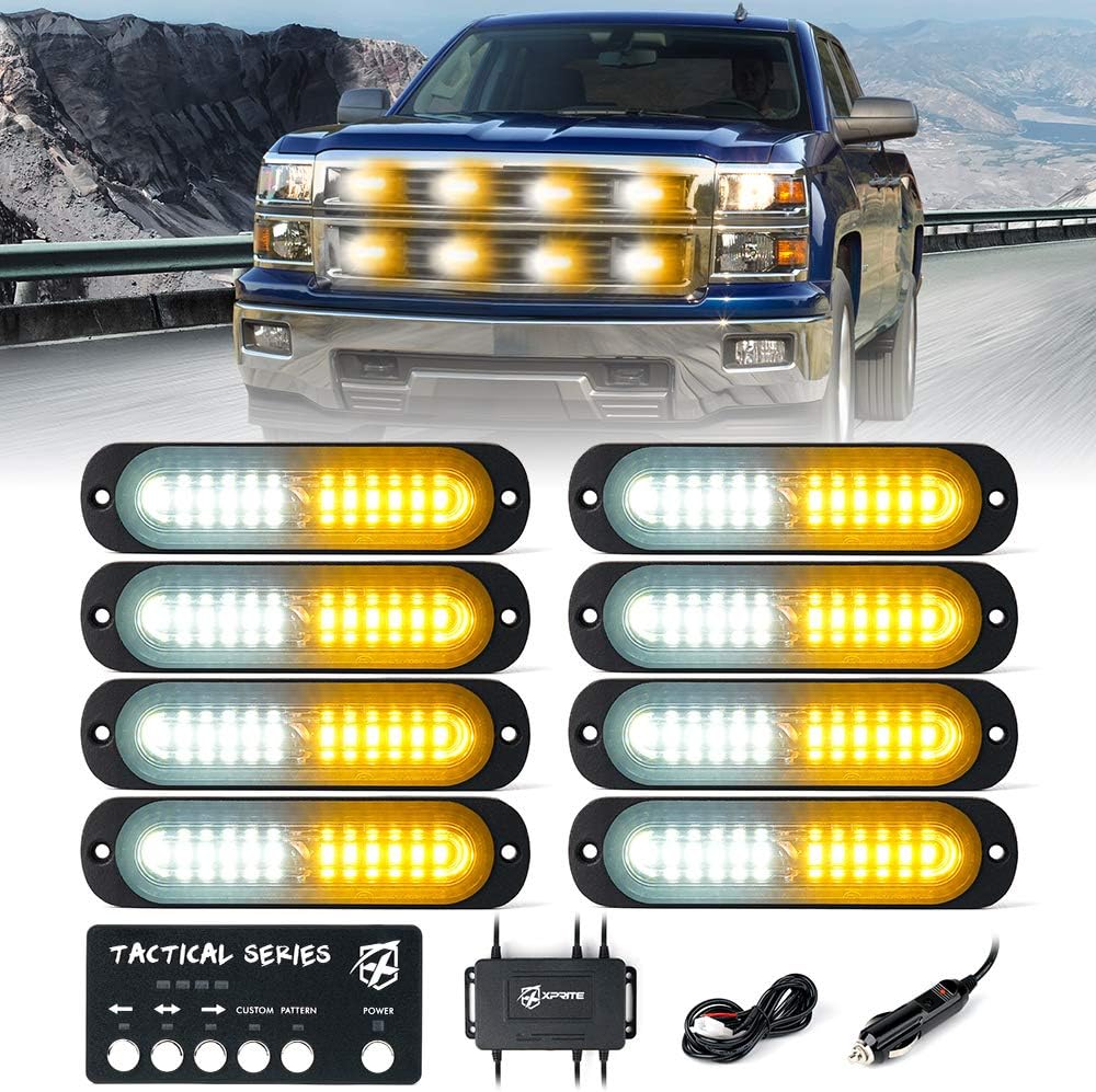 Xprite LED Surface Mount Strobe Lights Kit, White Amber Grill Grille Emergency Warning Marker Flashing Light with Control Box for Trucks Vehicles ATV RV Cars Van - 4PCS