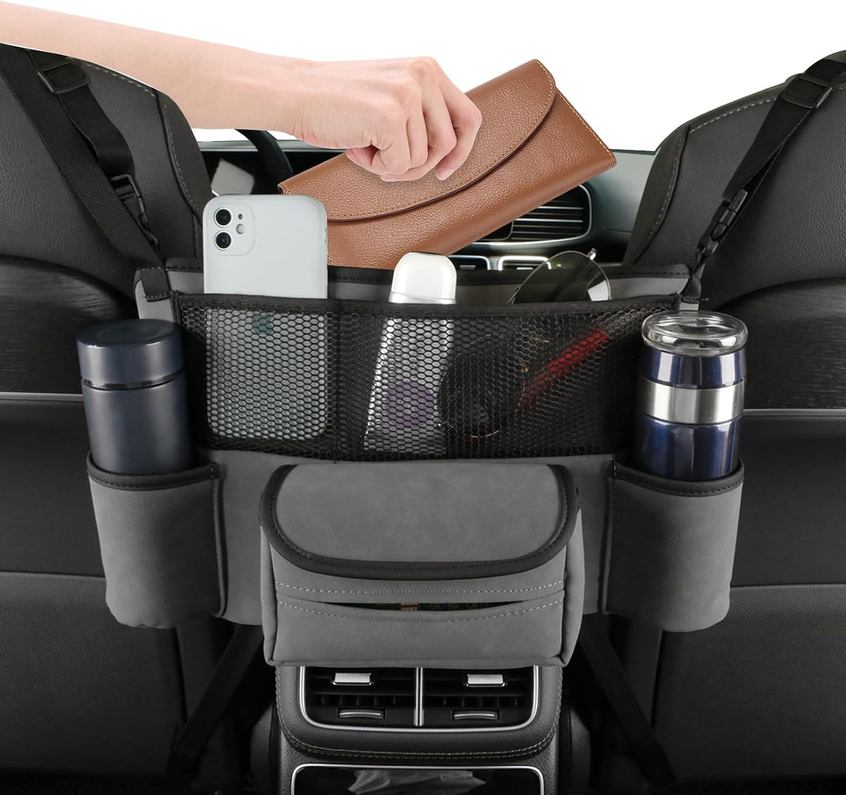 Leather Car Seat Organizer for Handbag/Purse – Fits Between Front Seats, Holds Wallet, Phone & Essentials. (Modle A/Black)