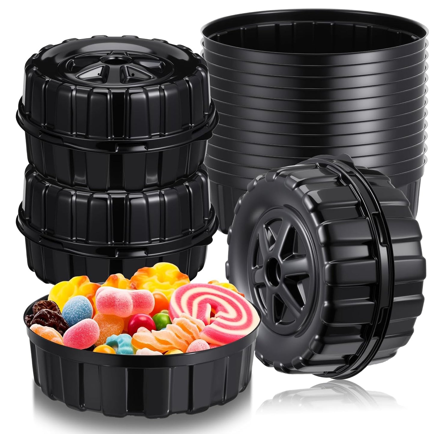 Uiifan 24 Pcs Truck Wheels Plastic Food Containers with Lids Race Car Wheels Disposable Candy Boxes for Truck Themed Birthday Party Supplies Baby Shower Race Car Party Decorations