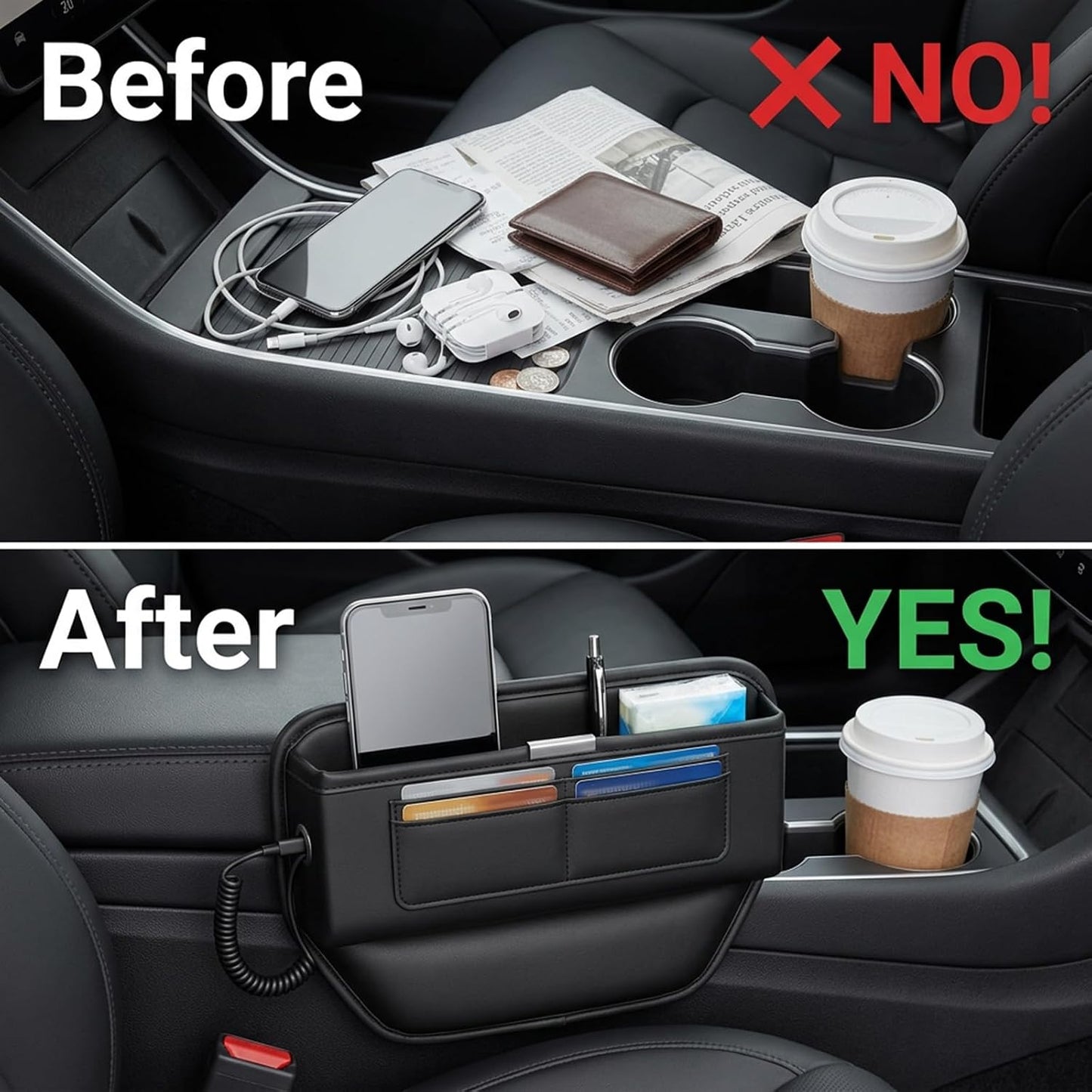 2Pack Universal Fit Premium Leather Car Seat Gap Filler Organizer, Center Console Organizer with Card Slots Front Seat Storage for Phone Cards Keys, Clever Gifts for SUV, Truck & Sedan, Black