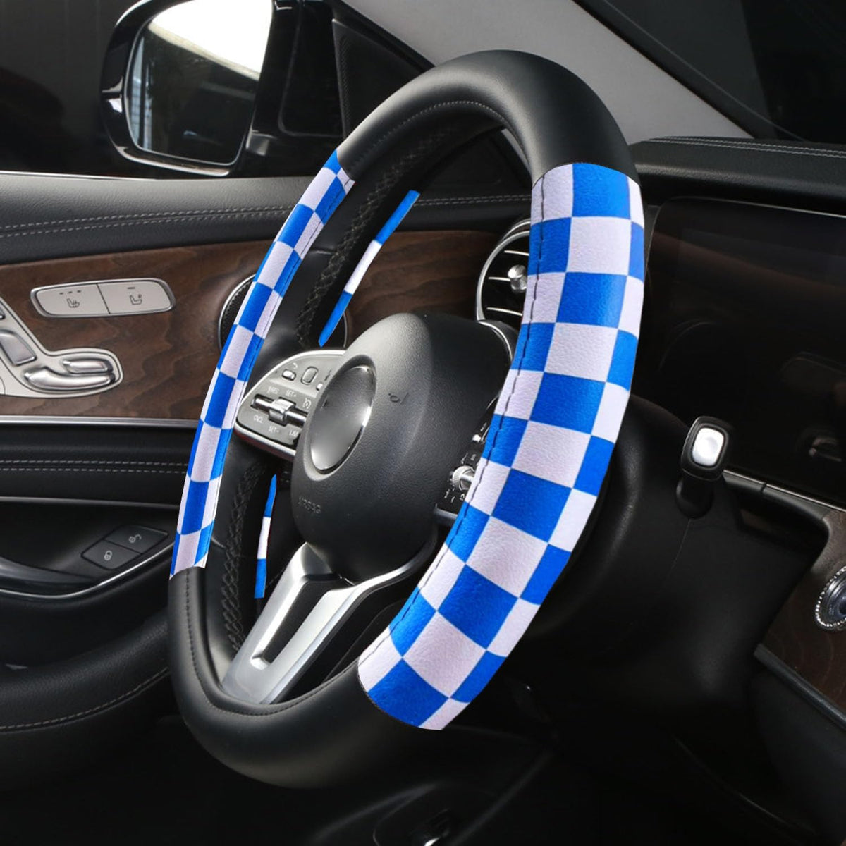 Dotesy Black White Checkered Plaid Car Steering Wheel Cover Leather 15 inch