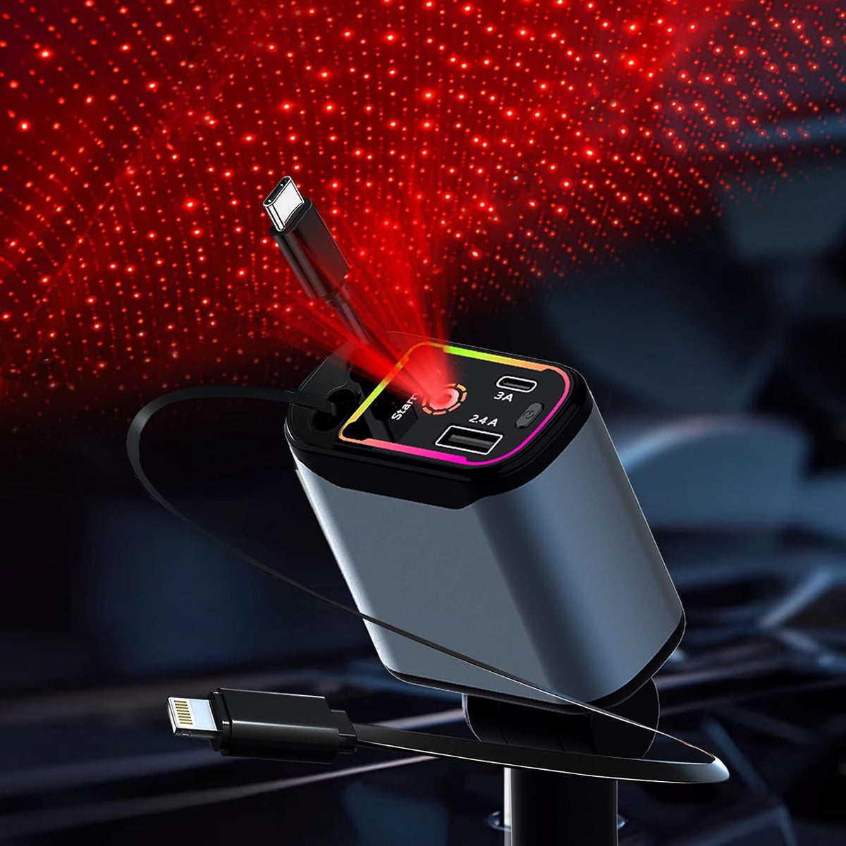 Starlight Retractable Car Charger,66W Fast Car Chargers Adapter 4 in 1 with 2 USB Car Chargers for Phone iPhone 16/15/14/13/12/11 and for Android - Black
