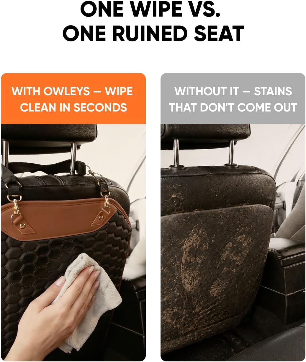 Owleys Kick Mat Back Seat Protector - Car Back Seat Cover for Kids Feet - Waterproof & Sturdy Protector for Upholstery from Dirt, Mud, Scratches and Stain (Hexy)