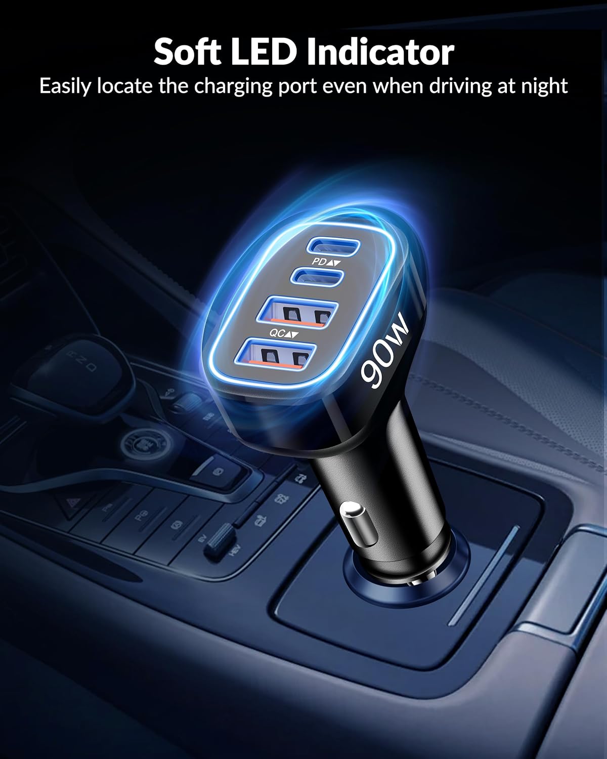 USB C Car Charger, 4-Port 90W Type C Super Fast Cigarette Lighter Adapter