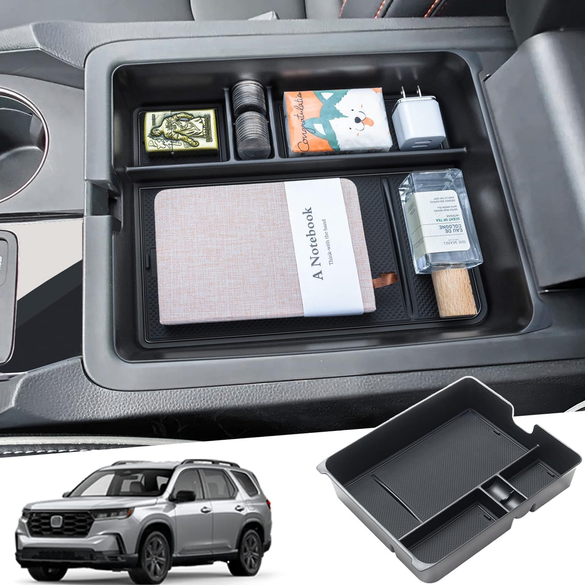 PIMCAR Center Console Organizer for 2023-2026 Honda Pilot, 2024-2026 Honda Ridgeline/Passport Upgrade Design Tray Accessories Interior Armrest Box Divider ABS Plastic Material-Red Trim
