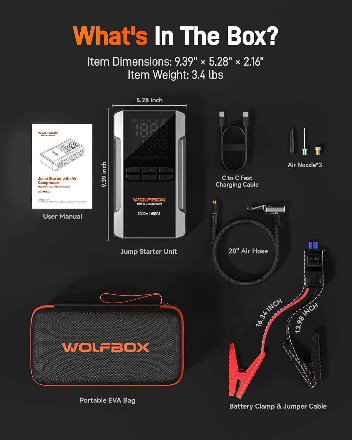 WOLFBOX MV16A 3000A Jump Starter with Air Compressor, 59.2Wh&160PSI Portable Car Battery Jump Starter with 65W Fast Charging, 12V Battery Pack (8L Gas 6L Diesel) with Boost, Light and Jumper Cables