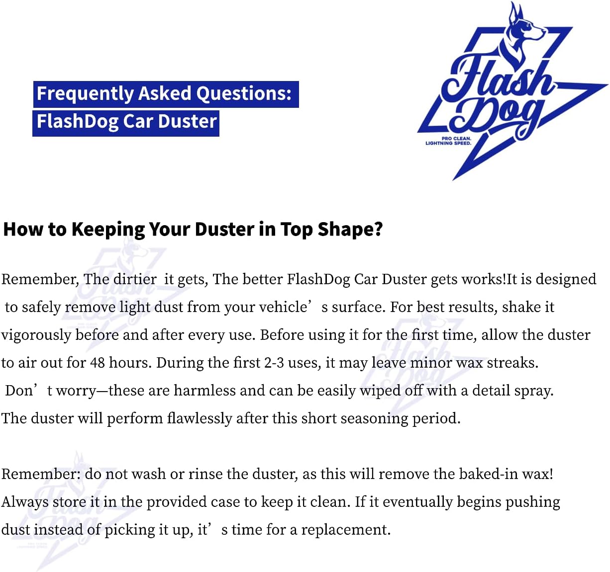 Flash Dog Car Duster Exterior with Car Duster Interior | Wax Cotton Hair Scratch Free Cleaning for Cars, SUVs, Trucks | Waterless Dust Remover & Detailing Brushes Set with Storage