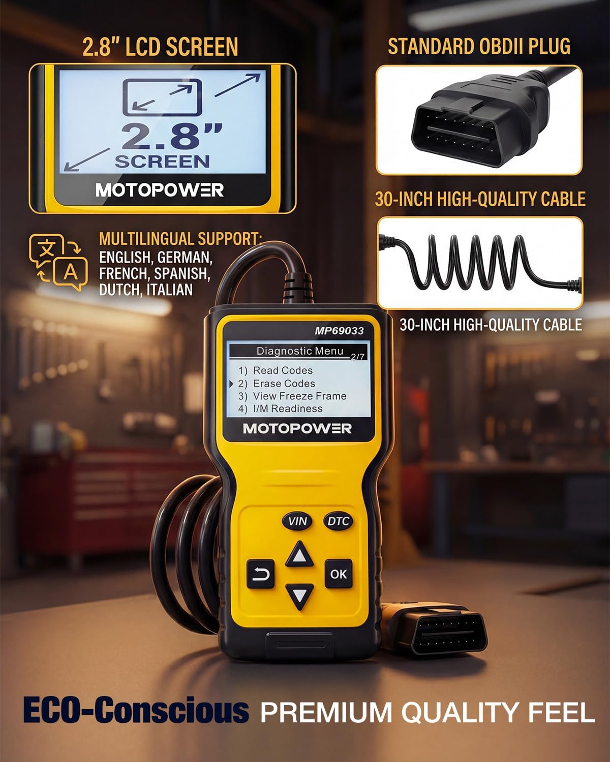 MOTOPOWER MP69033 Car OBD2 Scanner Code Reader Engine Fault Scanner CAN Diagnostic Scan Tool for All OBD II Protocol Cars Since 1996, Yellow