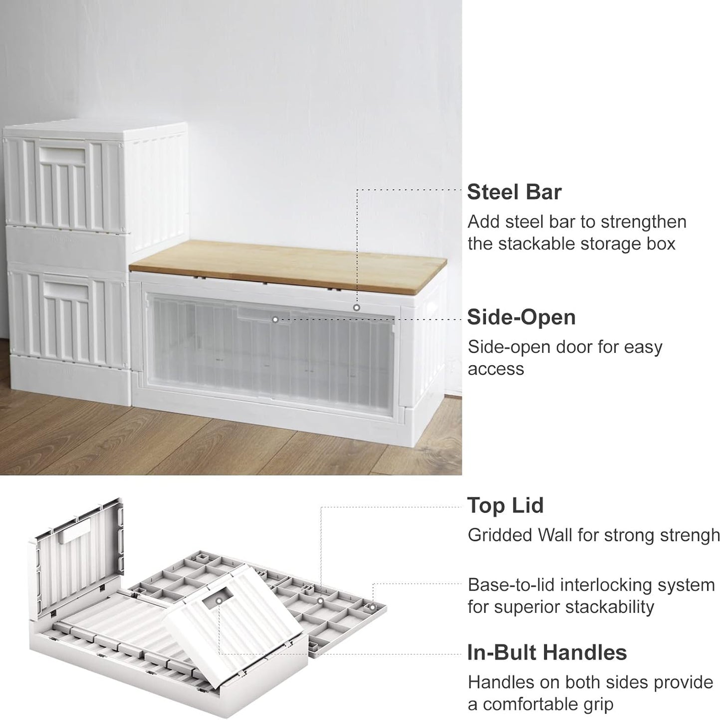livinbox 45L collapsible storage bins with door, comic books container, dust-proof stack-able folding box for Home Office Bedroom Dorm Toys Bedding, white & transparent, FB-6432S-WTTR