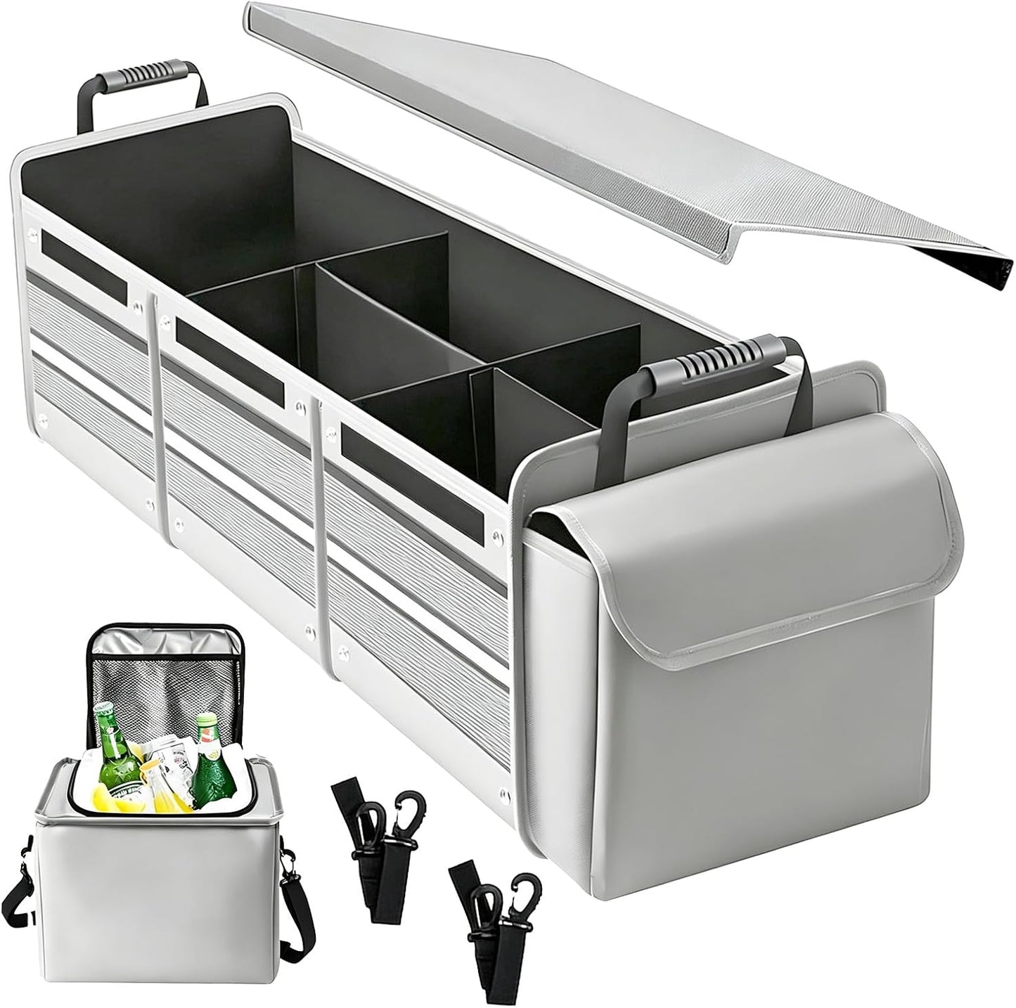 Car Trunk Organizer with Removable Cooler Bag - Collapsible Multi-Compartment Storage for SUV Truck Groceries Camping, Durable Nylon Auto Cargo Organizer (Black)
