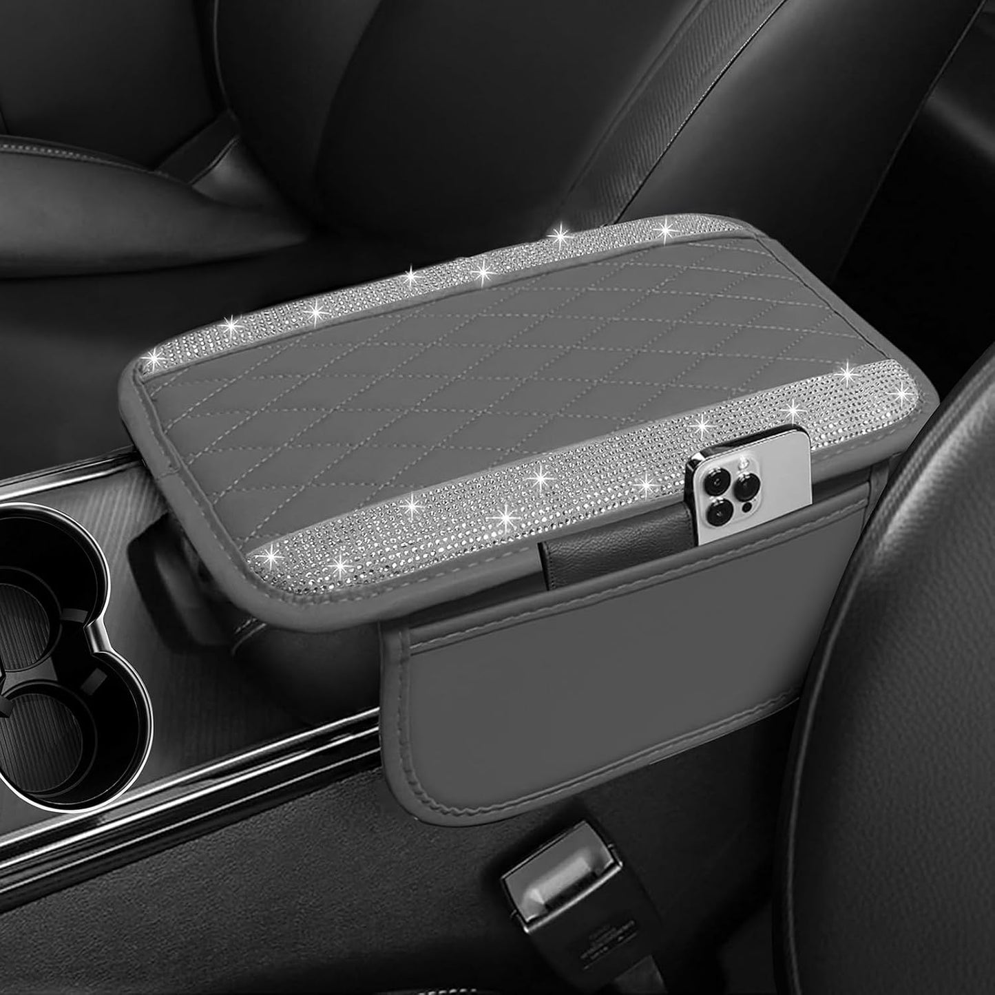 NBTEPEM Bling Car Center Console Cover, Leather Car Arm Rest Cover Cushion with 2 Storage Bags, Universal Auto Armrest Protector Storage Box, Bling Accessories Interior for Most Vehicles (Green)