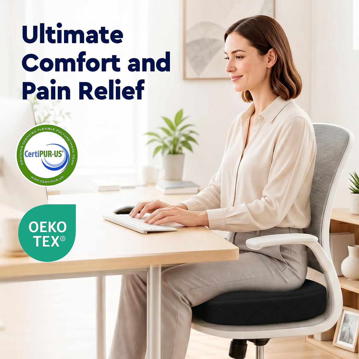 TushGuard Office/ Car Seat Cushion, Non-Slip Sciatica & Back Coccyx Tailbone Pain Relief Chair Pad, Memory Foam Butt Pillow for Computer Desk, Wheelchair, Driving (Black)