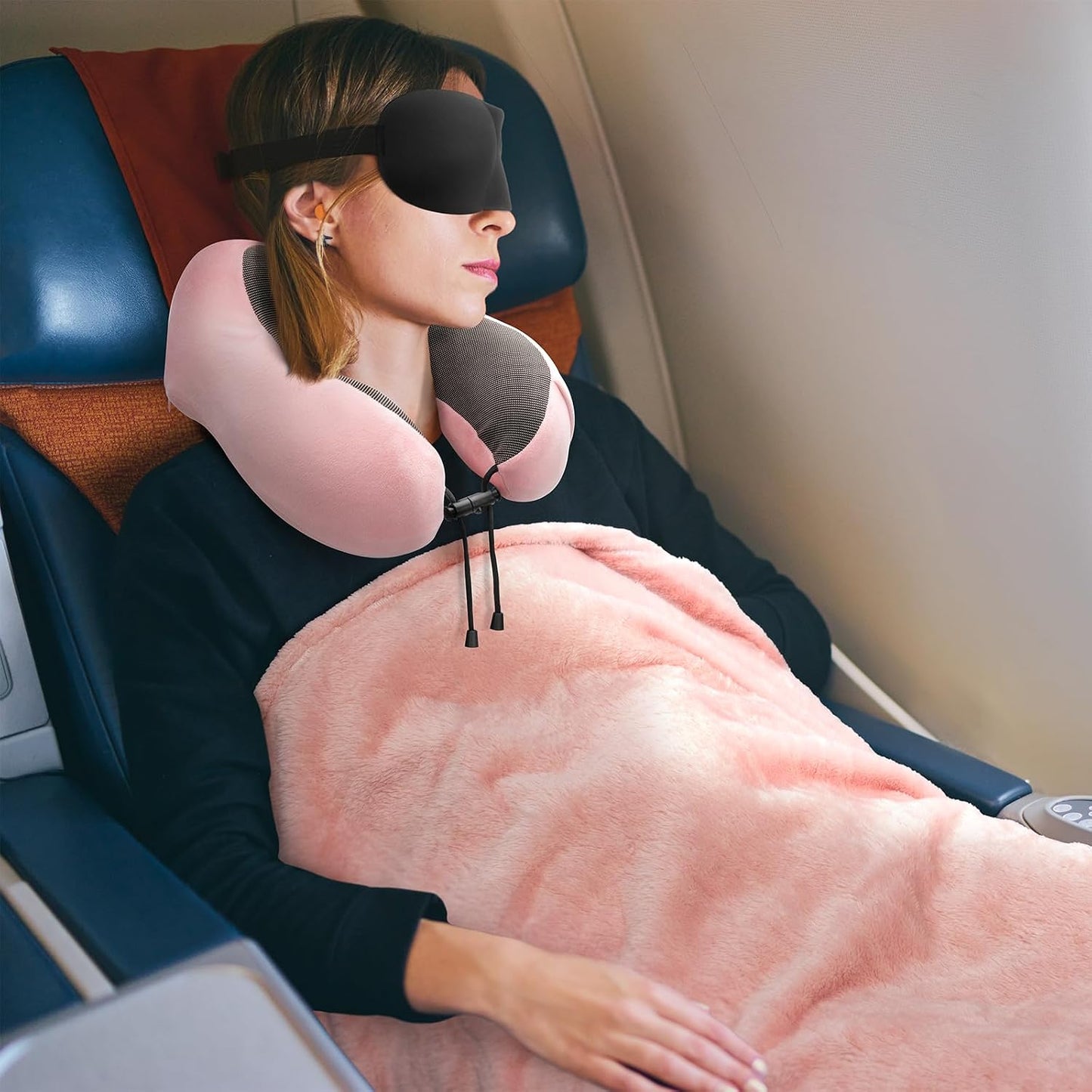 urnexttour Travel Pillow and Blanket Set Neck Pillows Travel Essentials with Sleep Mask for Airplane Car Memory Foam Pink