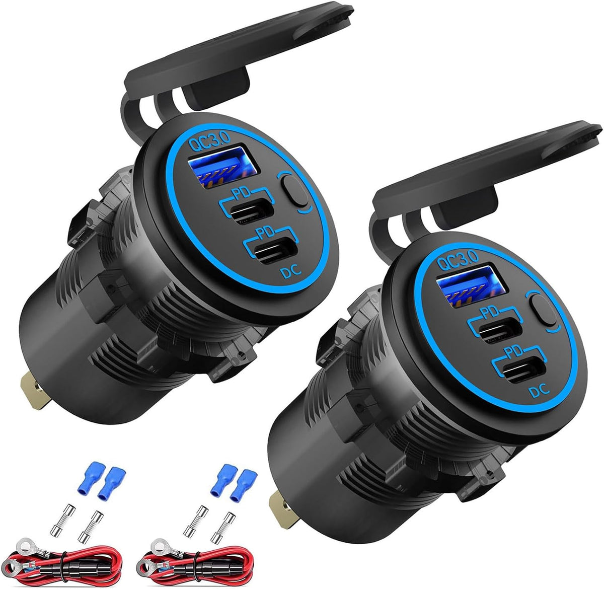 12V USB Outlet Wire USB Charger Multi Port, Dual PD3.0 USB-C and Quick Charge3.0 Car Port Socket with Power Switch, Fast Charge for Phone lPad Android Phones, Suitable for Car Boat RV Marine ATV