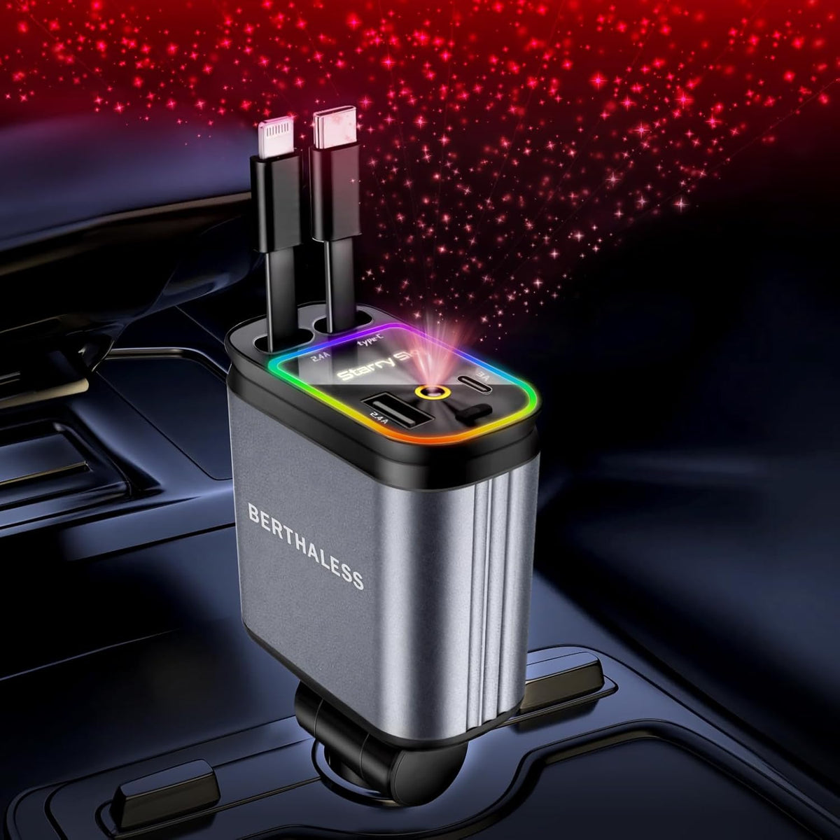 Retractable Car Charger,4 in 1 Fast Charging Car Charger with USB-C & USB-A