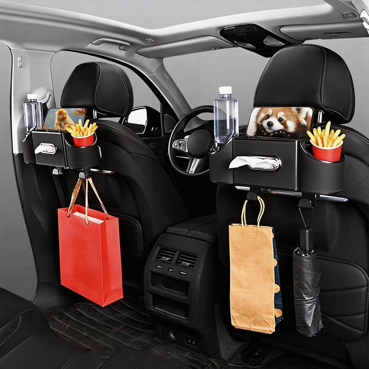 Back Seat Car Organizer,4 in 1 Multifunctional Car Back Seat Storage Box with Drink Cup Holder Tissue Box, for Hold Phone,Snacks, Drinks, Handbag-Meter