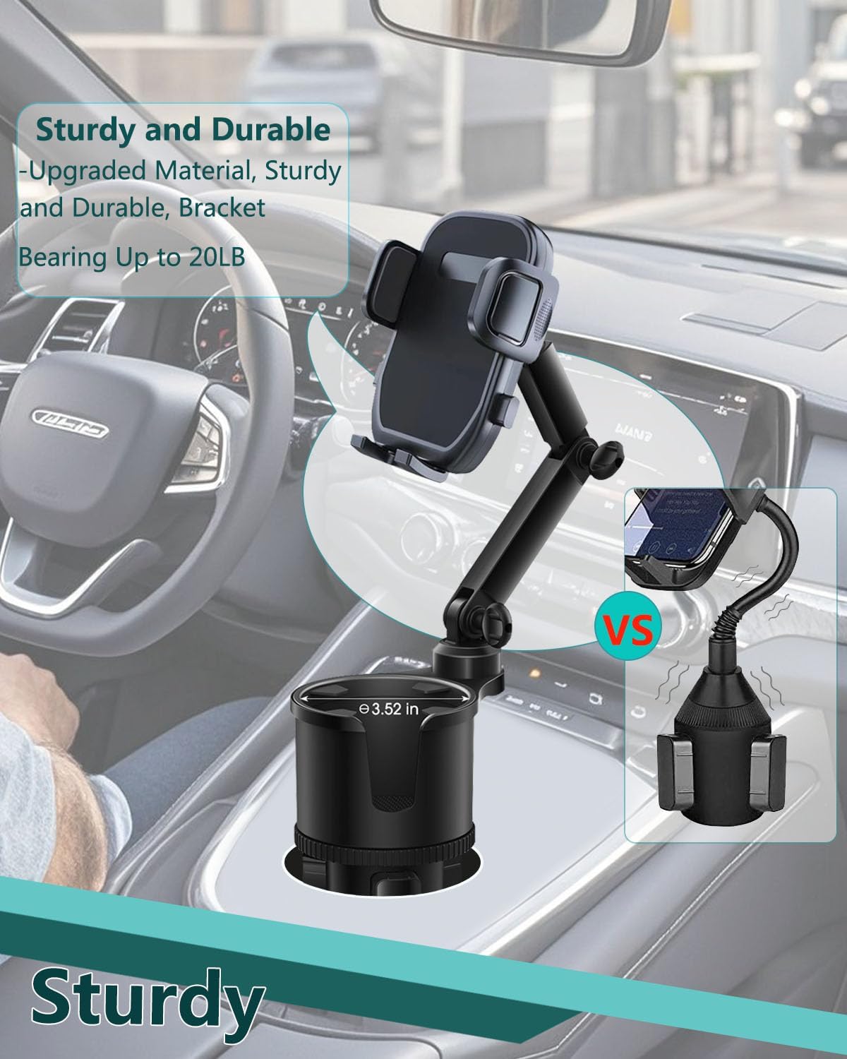 2-in-1 Cup Phone Holder for Car, 360° Adjustable Car Phone Mount