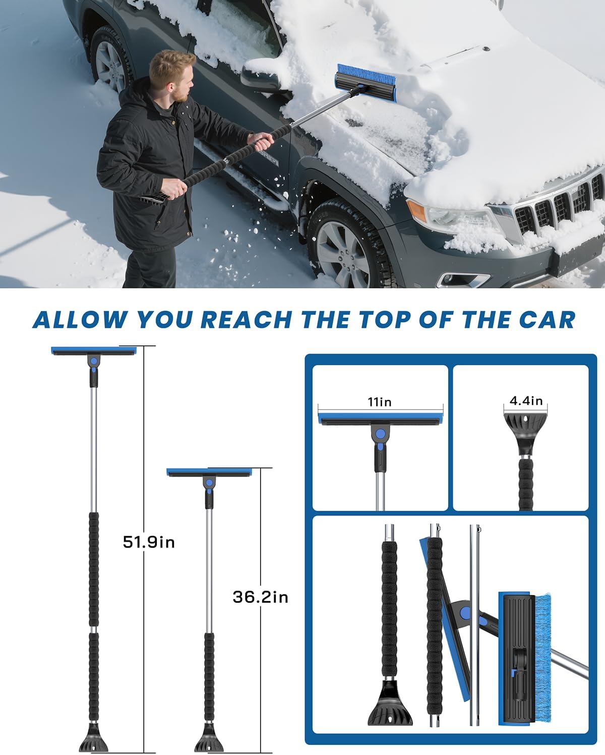 helloleiboo 2025 Extra Long 55.7" Ice Scrapers for Car Windshield Multi-Functional Detachable Car Ice Scraper with Foam Grip and 270° Pivoting Brush Head Snow Brush for SUV Truck Auto (Blue)