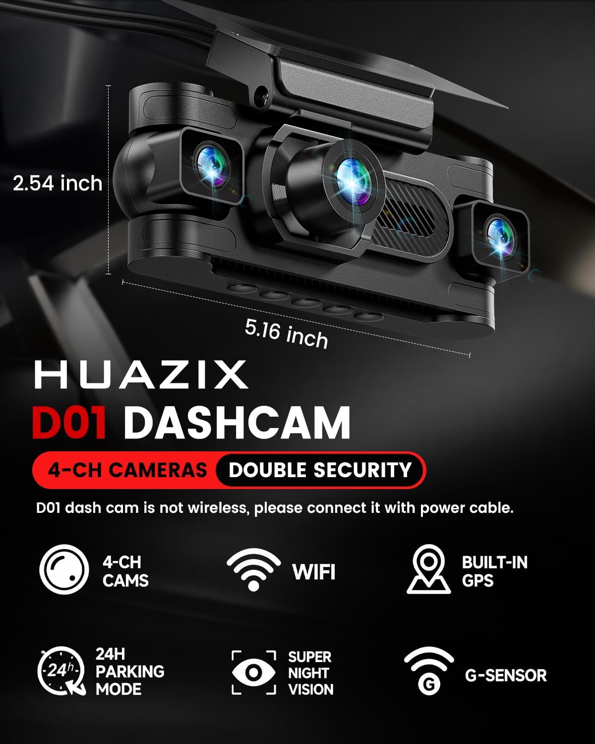 4K Dash Cam, 4 Channel 360° Front and Rear Left Right Inside Camera