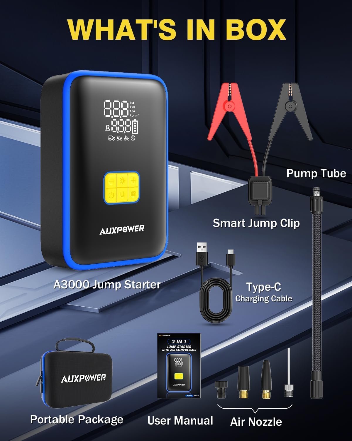 Auxpower 3000A Portable Car Jump Starter with 150PSI Tire Inflator