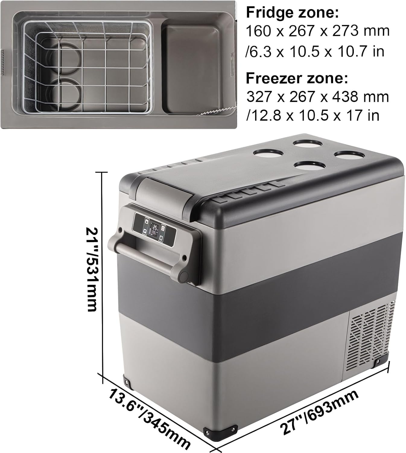 VEVOR CF55 12 Volt 58 Qt Refrigerator, Dual Zone Portable Compressor 12/24V DC and 110-240V AC, Freezer Fridge Cooler, for Car, Truck RV, Camping and Home Use, Black+Gray