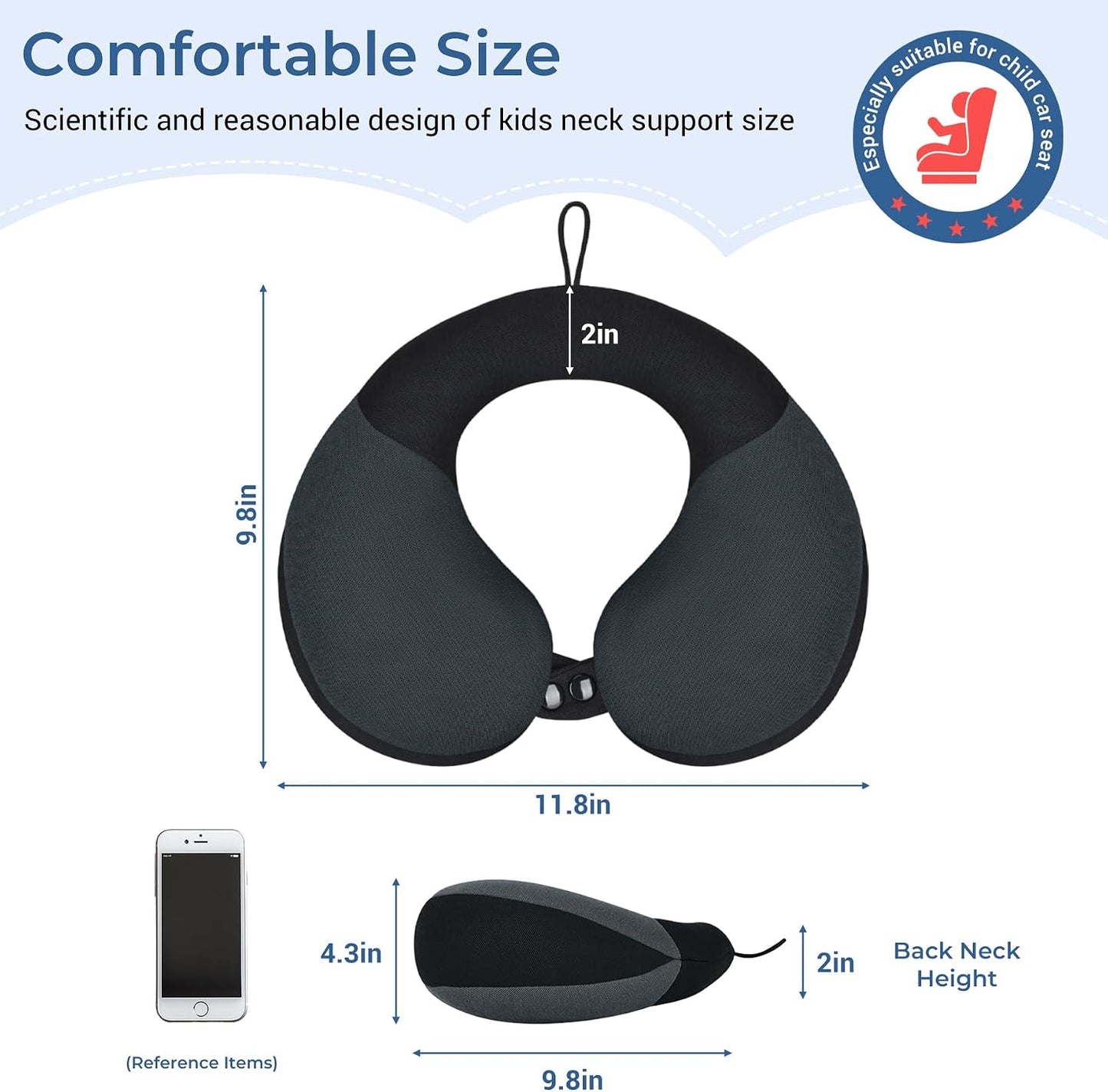 COOLBEBE Kids Travel Neck Pillow for Airplane & Car, Soft Breathable Fabric, Ergonomic Side Support for 3-12 Year Olds, Adjustable Snap Button, Travel Essential for Boys & Girls, Black & Grey