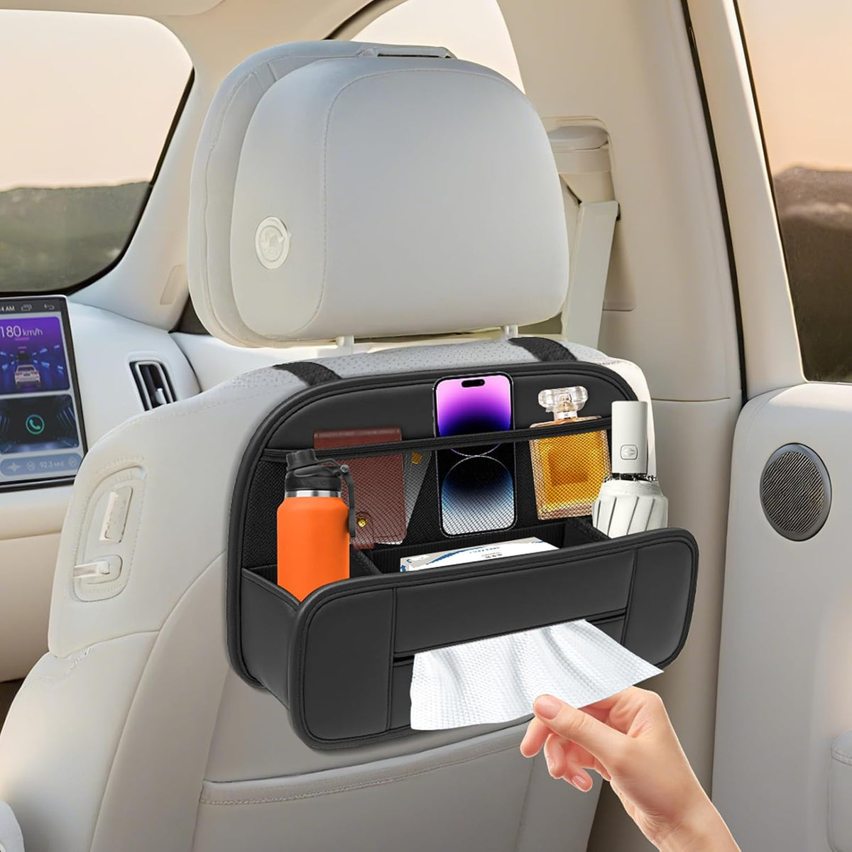FLORICH Hanging Car Backseat Organizer, 5-in-1 Premium Leather Headrest Seat Back Storage with Cup Holder, Foldable Hanging Car Tissue Holder 2 Pack