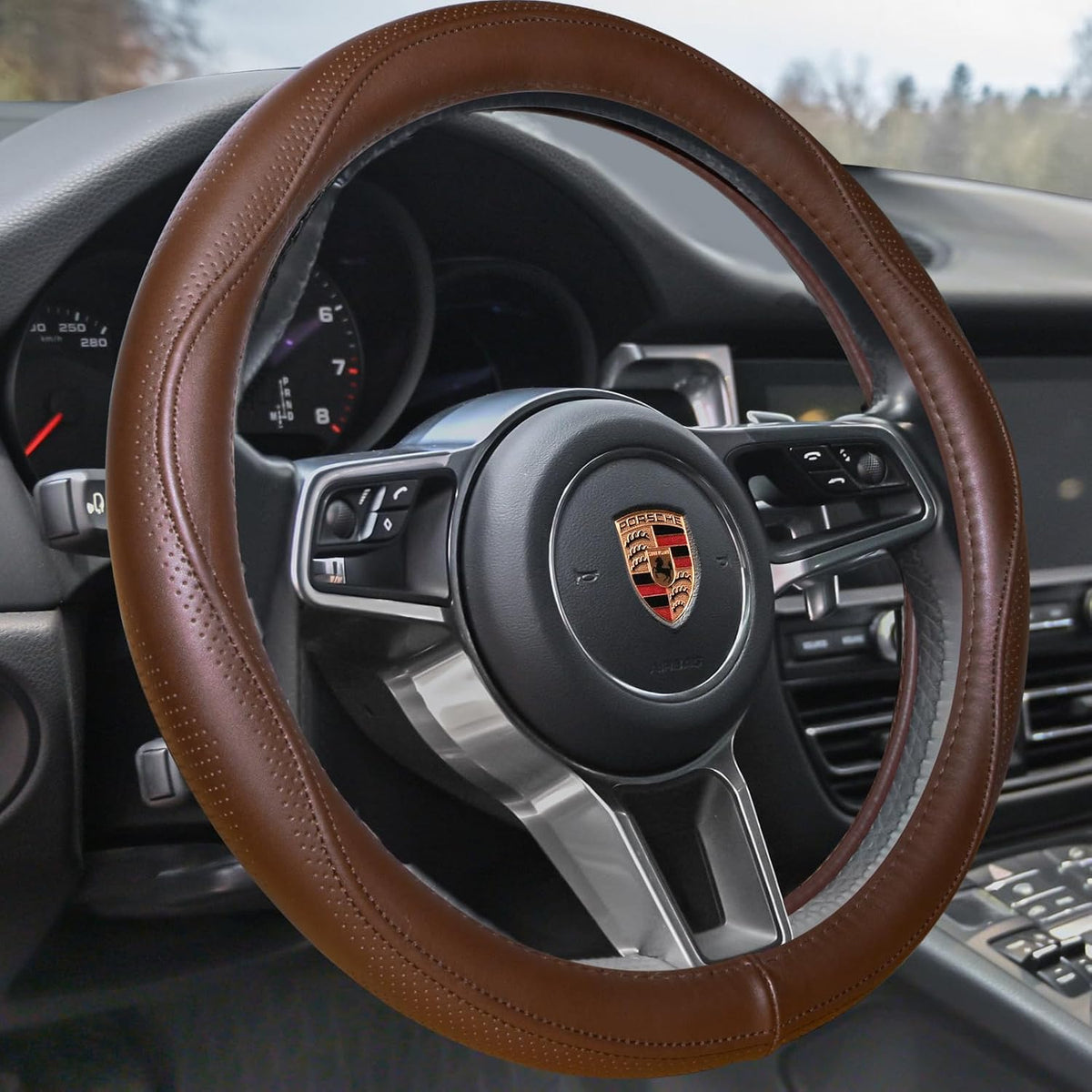 HAOKAY Top Grade Black Genuine Leather Steering Wheel Cover Women Men, Luxury Steering Wheel Cover for Cars, SUVS and Trucks, Universal 14.5-15 inch