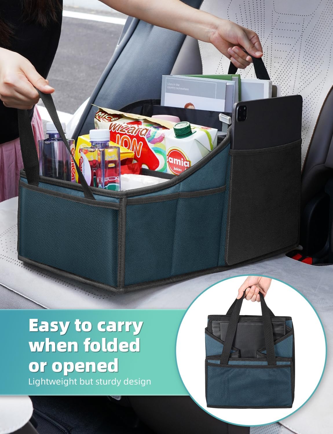 YOHOOLYO Car Seat Organizer Backseat Car Organizer with 4 Compartments, 4 Cup Holders and 7 Mesh Pockets for Front and Rear Seat, Blue