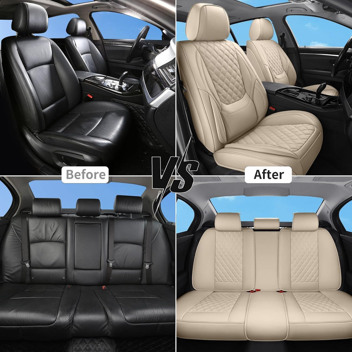 Car Seat Covers Full Set,5 Seat Leather Seat Covers for Cars,Front Seats and Back Seat Cover,Waterproof Car Seat Cushion Protectors,Universal Fit for Most Cars SUV Trucks (Beige, Full Set)