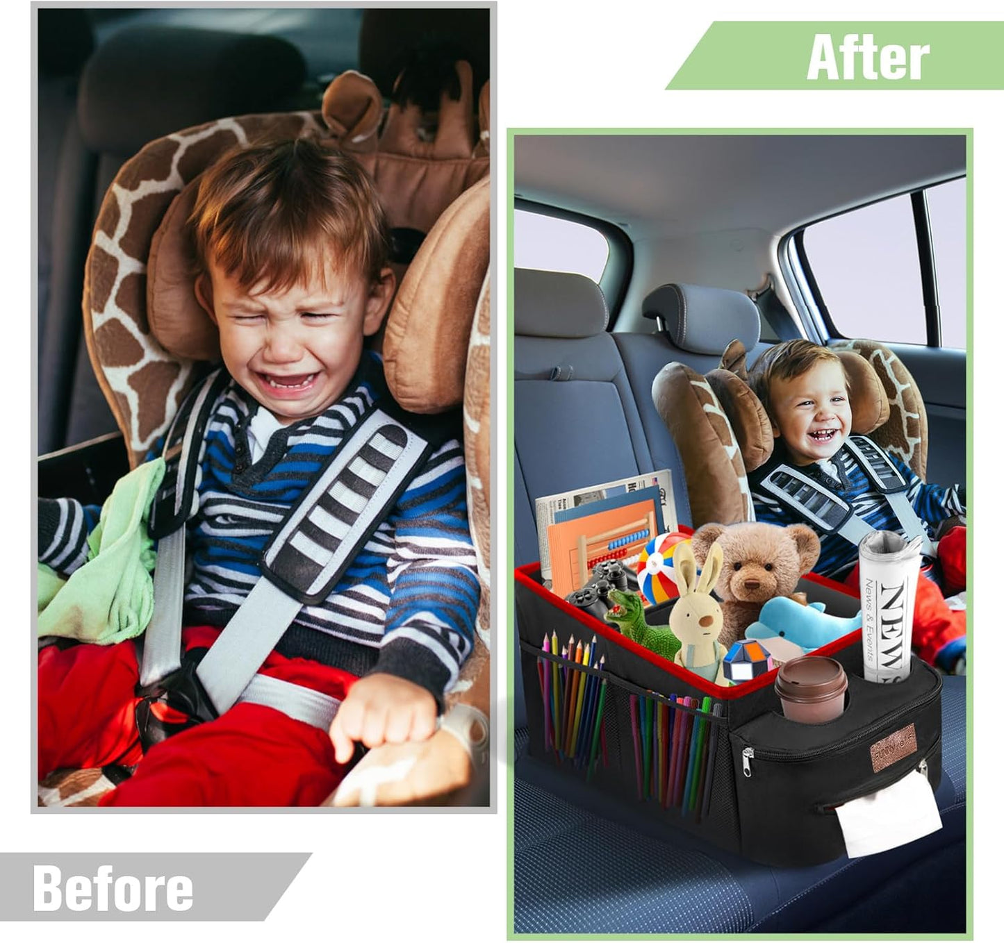 FUNNy elf Car Seat Organizer - Passenger Seat Organizer, Collapsible Car Storage with Partitions & 4 Cup Holders for Front Seat or Back Seat (Red)