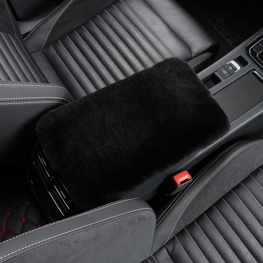 LLB Auto Center Console Cover Pad Universal Fit for SUV/Truck/Car, Genuine Sheepskin Wool Fur Car Armrest Seat Box Cover, Furry Fluffy Auto Armrest Cover Protector (Black)