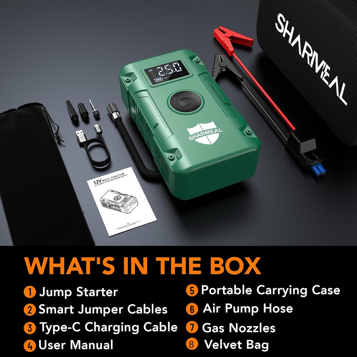 Sharmeal Jump Starter 7000A, 12V Car Battery Jump Starter with Air Compressor (Up to All Gas or 12.0L Diesel Engine), Battery Booster with 3 Modes Flashlight and Jumper Cable