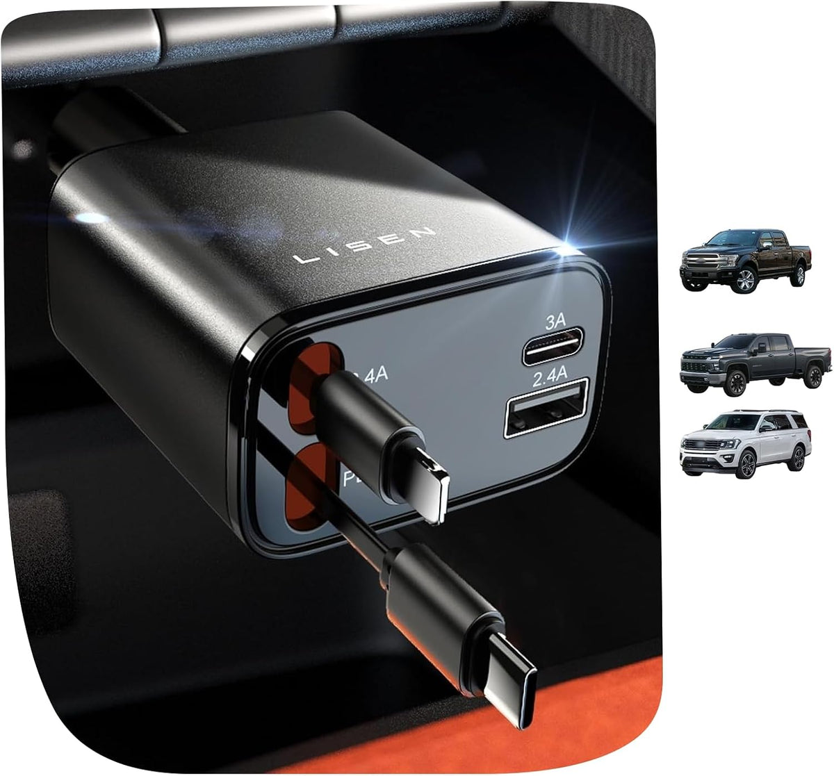 LISEN 4 in 1 Starlight Retractable Car Charger, 75W USB C Cigarette Adapter Fast Charging, Starlight Retractable Car Accessories for Women Mom, for iPhone 17 Pro Max Air 16 15 14 13 12