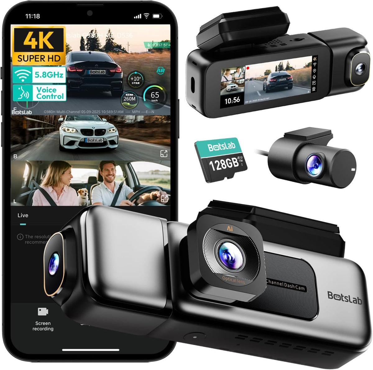 BOTSLAB 4 Channel 360° Dash Cam, Voice Control, App Control (No SD Card)