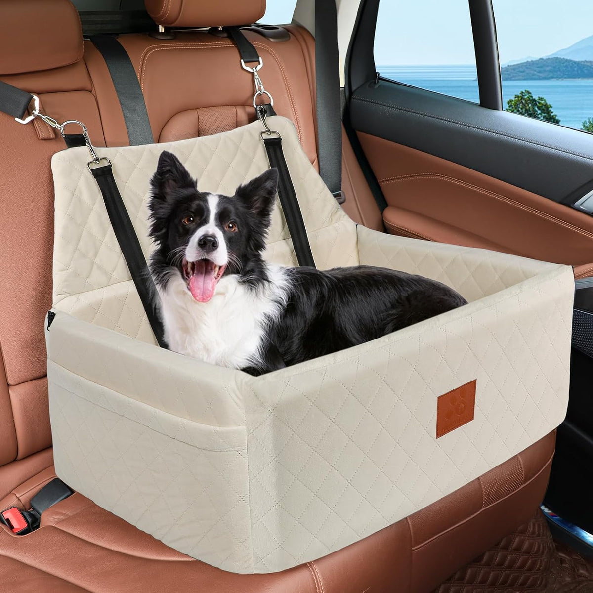 NEEZUKAR Dog Car Seat for Large Medium Dogs,Portable Washable Pet Car Seat Under 55 lbs,Dog Booster Seat with Thick Cushion,2 Safety Leashes Travel Car Dog Bed