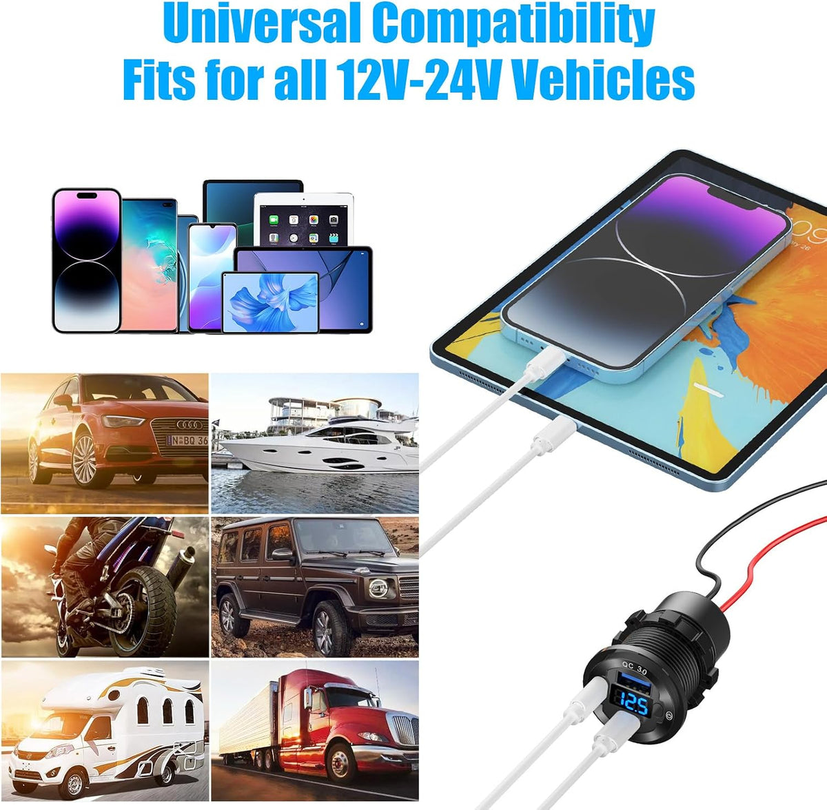 12V USB Outlet 3 Port Car Charger Socket, 78W Dual PD USB C 30W and Quick Charge3.0 Port Aluminum Charger Waterproof with Voltmeter and Button Switch for Boat Marine Motorcycle RV Truck Golf Cart, etc