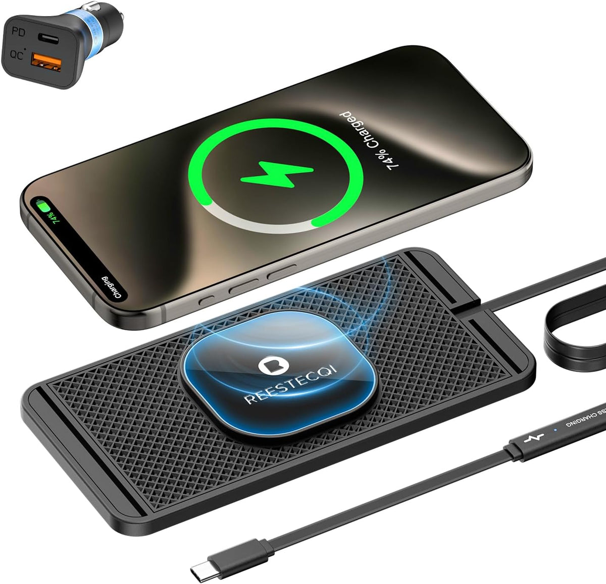 Magnetic Wireless Car Charger Pad, REESTECQI 15W Wireless Charging Pad for Magsafe Charger Non Slip Type C with 40W Car Charger for iPhone 18/17/16/15/14/13/12, Airpods (30CM Cable)