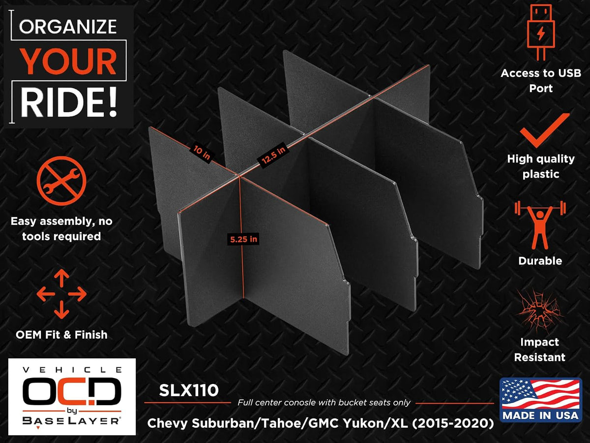 Vehicle OCD - Center Console Organizer for Chevy Tahoe/Suburban/GMC Yukon/XL (2015-2020) (Full Console w/Bucket Seats ONLY) - Made in USA - SLX110