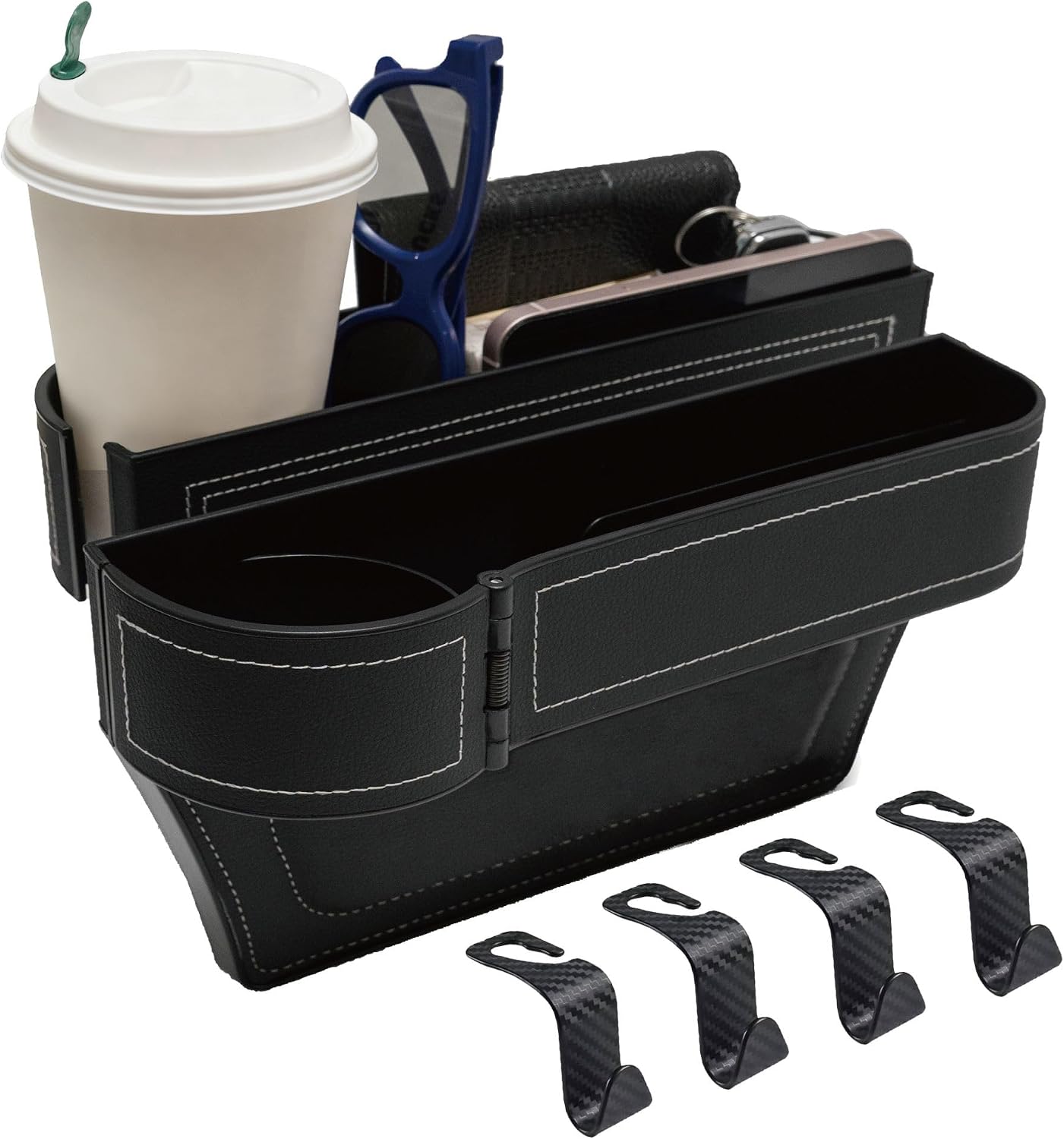 Car Seat Gap Filler Organizer,2 Pack Car Leather Cup Holder Gap Bag,Car Seat Storage Box with Cup Holder Expander,Car Organizer Front Seat for Holding Phone, Glasses, Keys, Cards (Black)
