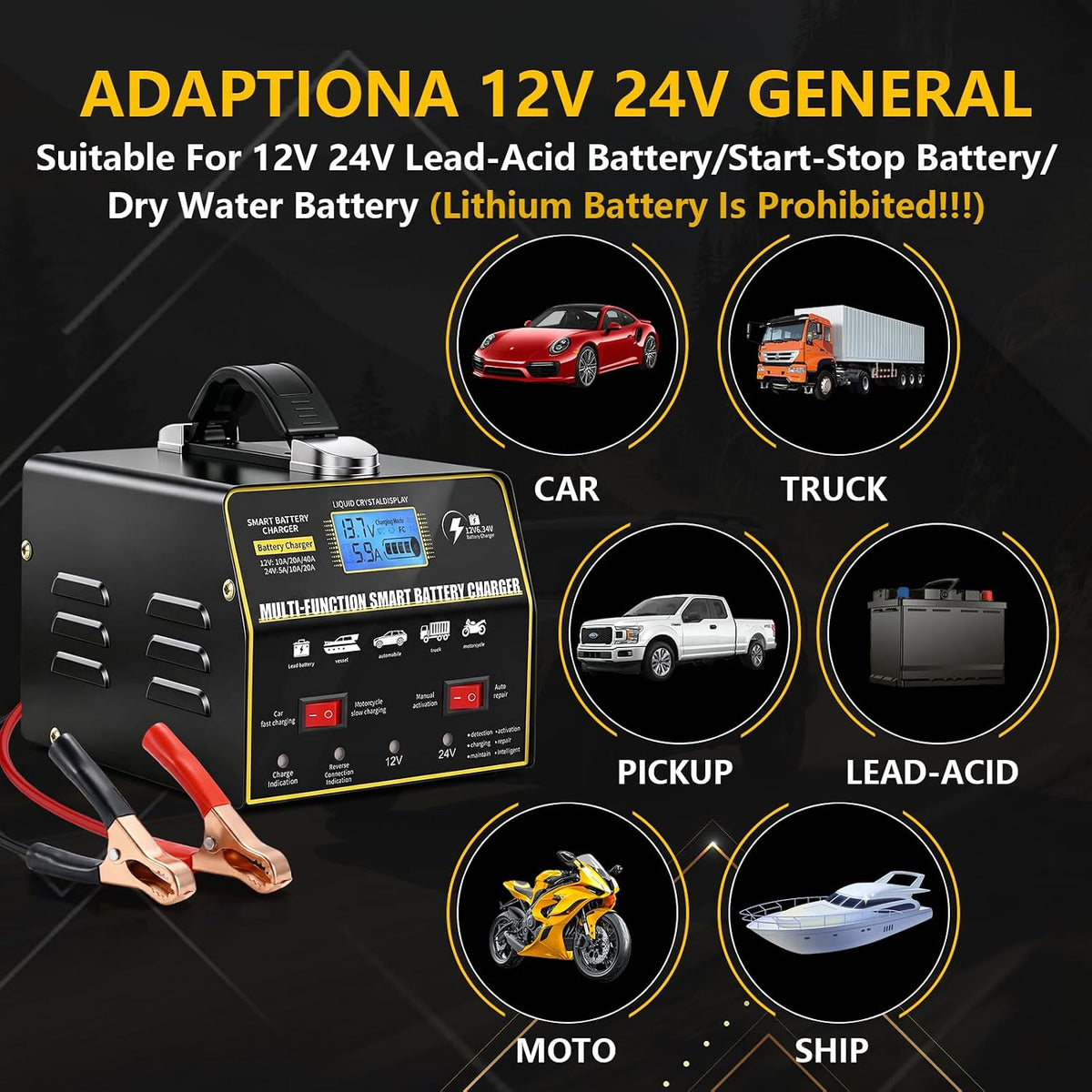 Smart Battery Charger 12V/24V Auto-Trickle Charger for Car, Truck, Motorcycle,Lawn Mower, Boat, Pulse Repair, 6-Stage Protection