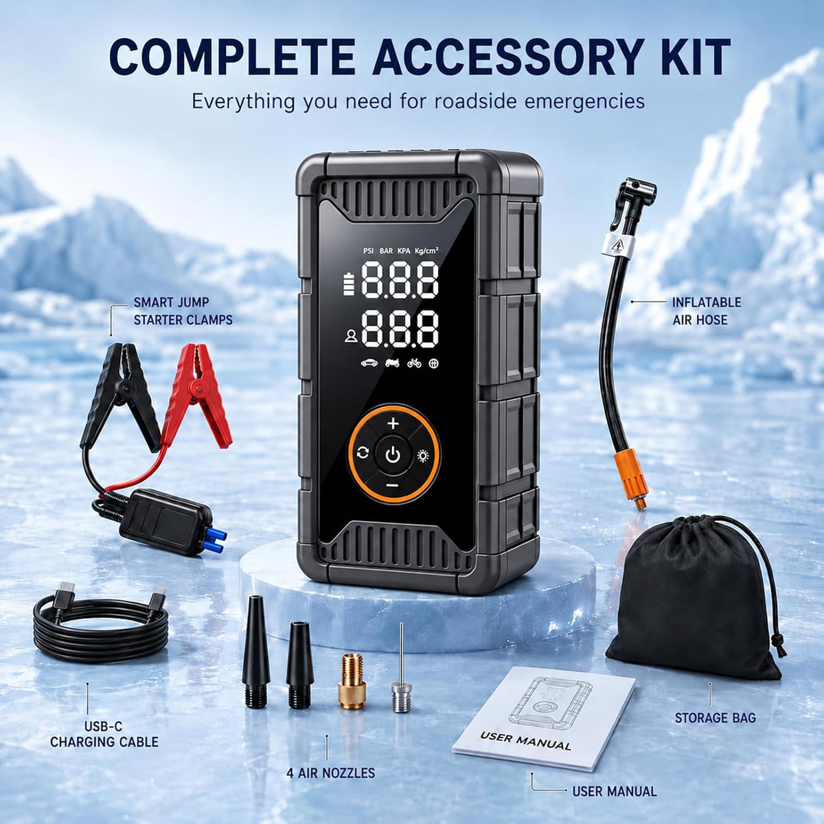 8000A Jump Starter with Air Compressor, 150 PSI Portable Tire Inflator