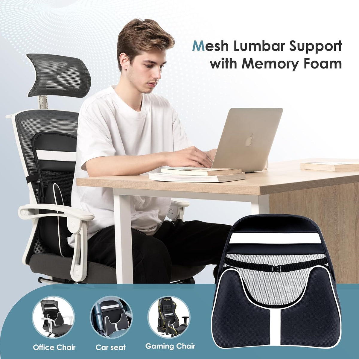 FLORICH Memory Foam Double Layer Breathable Mesh Lumbar Support Ergonomic Leather Lumbar Support Pillow with 3D Mesh Back Support and Adjustable Strap for CarSeat & Office Chair(Leather Black)