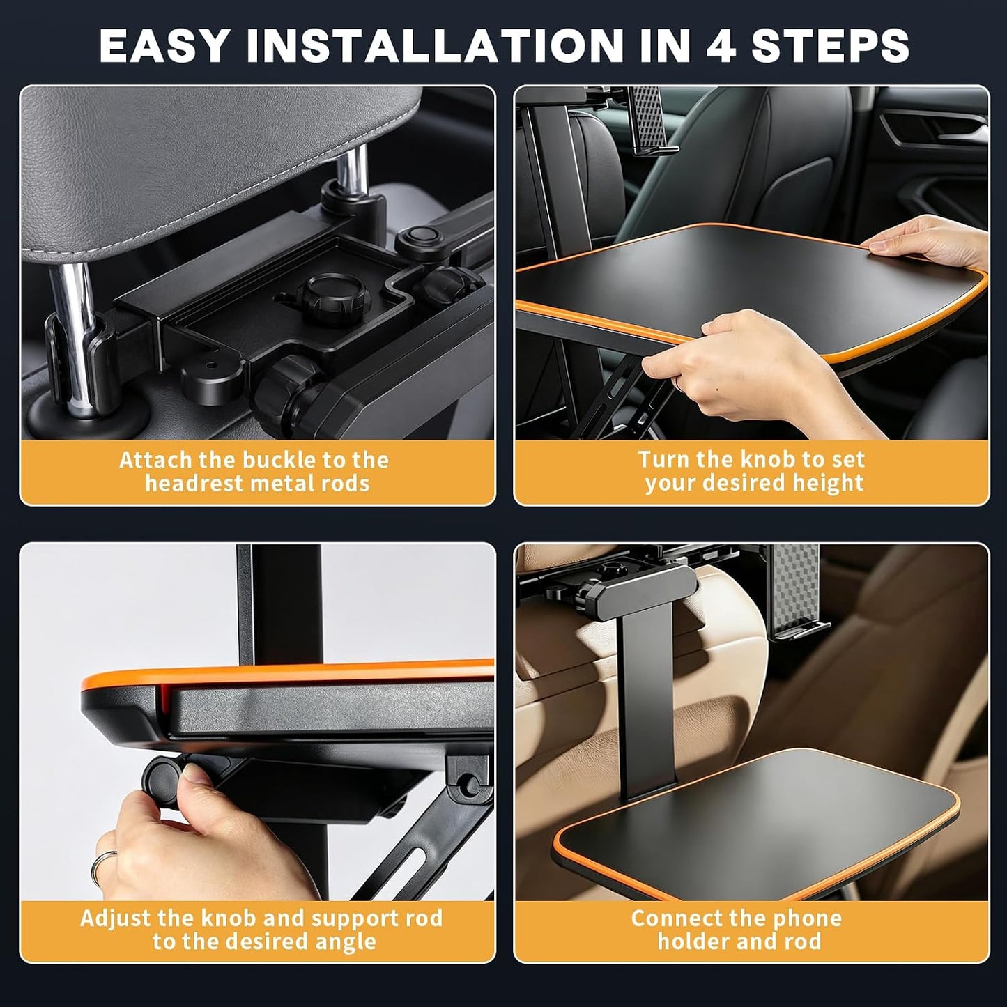 Large Car Tray Table for Back Seat, Foldable Car Desk for Laptop with Adjustable Height, Hidden Cup Holder & Phone Holder, Heavy Duty Travel Food Tray for Eating Working Road Trips (Orange)