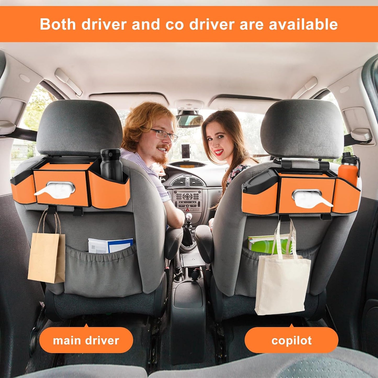 7-In-1 Car Seat Back Organizer with Cup Holders, Tissue Box, Garbage Can&Hooks, Multifunctional Headrest Storage Organizer, Headrest Cup Holder for Backseat, Car Accessories for Trips, Travels(Orange)