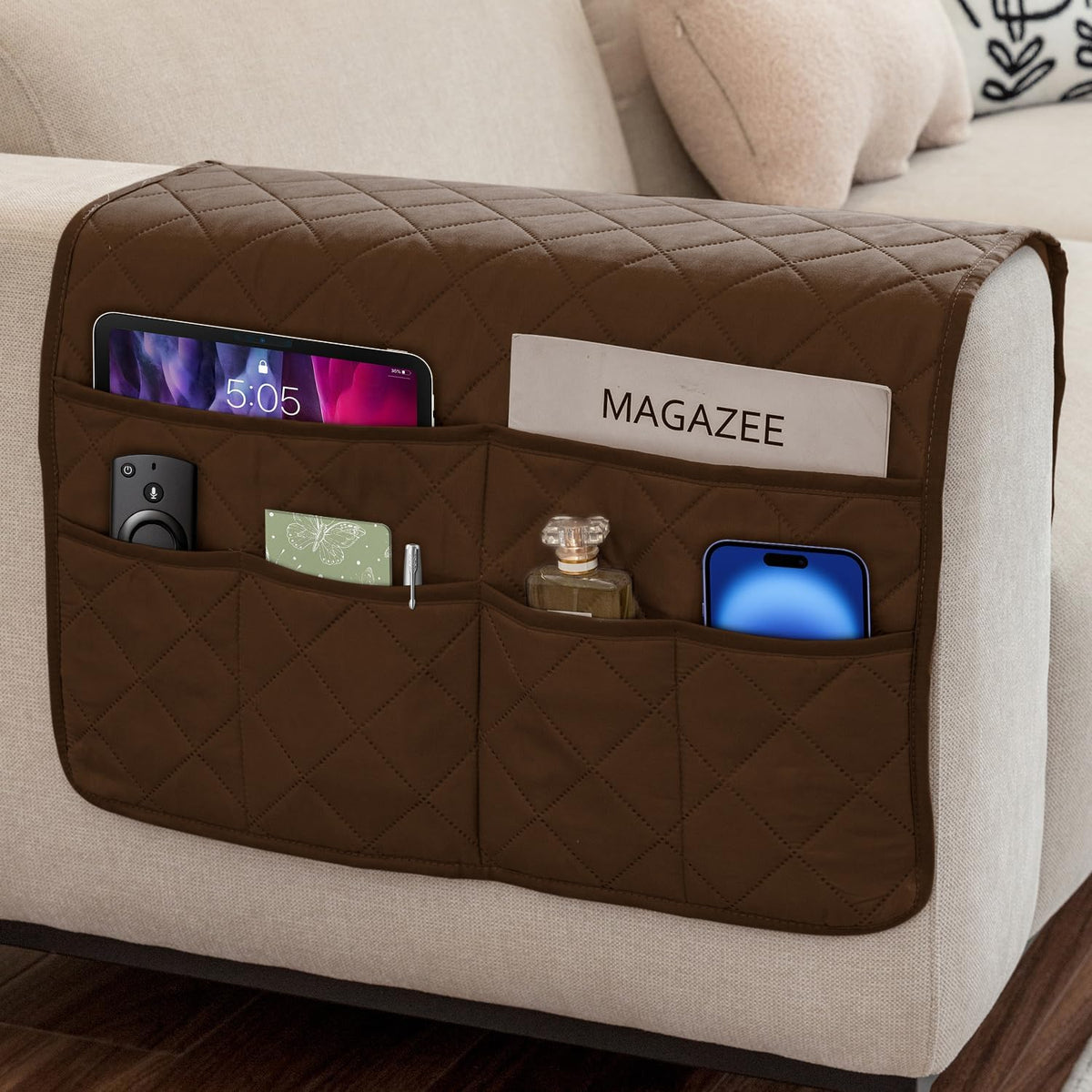 Sofa Armrest Organizer with 6 Pockets, Non-Slip Couch Recliner Armchair Caddy, Washable Remote Controls Holder, Storage for Magazine, Tablet (Navy)